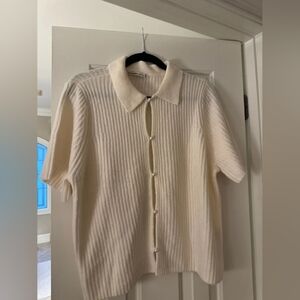 Cream Ribbed Short-Sleeve Button Sweater